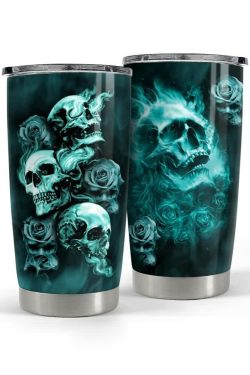 Turquoise Smoke Gothic Skull Rose Stainless Steel Tumbler - Y2K Grunge Retro 90s Fashion Accessory