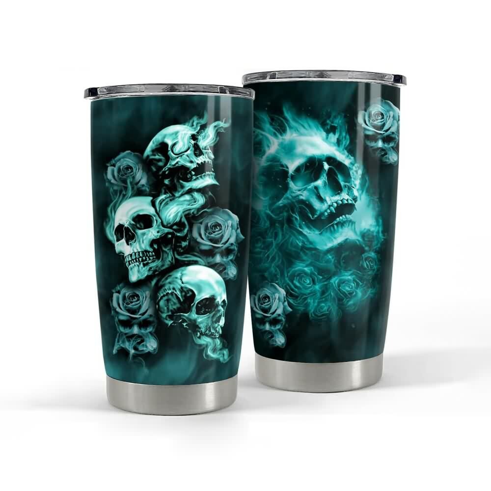 Turquoise Smoke Gothic Skull Rose Stainless Steel Tumbler - Y2K Grunge Retro 90s Fashion Accessory