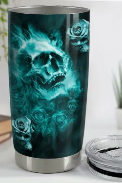 Turquoise Smoke Gothic Skull Rose Stainless Steel Tumbler - Y2K Grunge Retro 90s Fashion Accessory