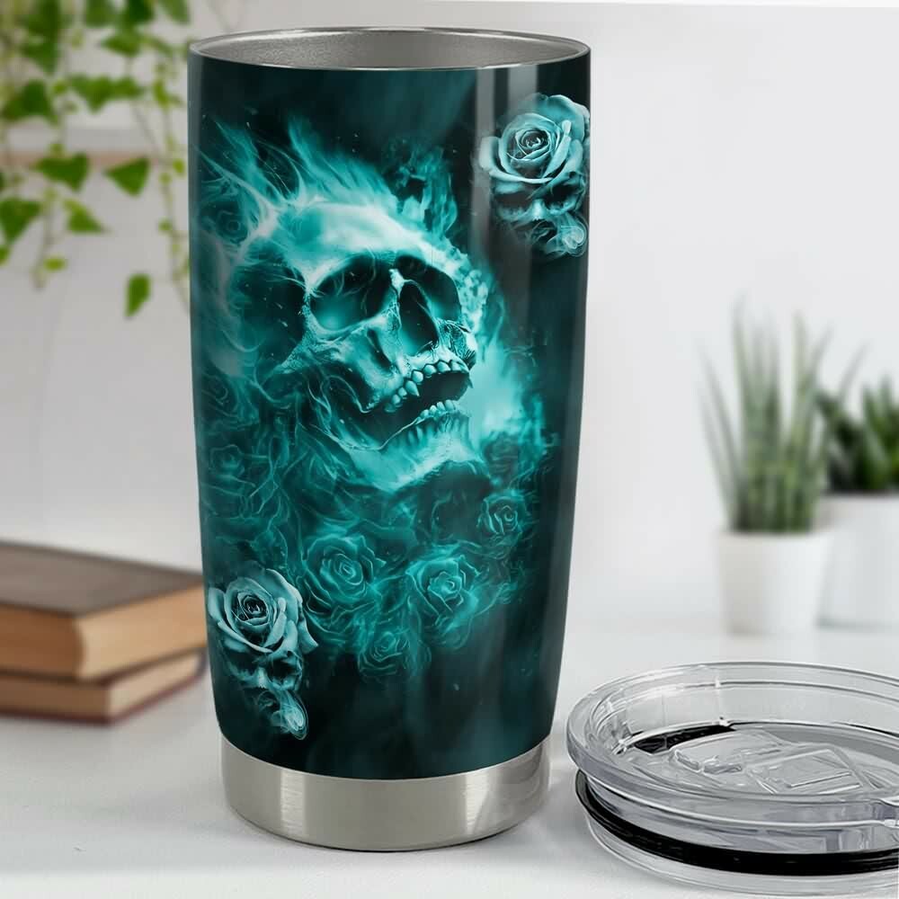Turquoise Smoke Gothic Skull Rose Stainless Steel Tumbler - Y2K Grunge Retro 90s Fashion Accessory