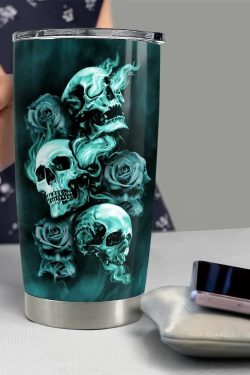 Turquoise Smoke Gothic Skull Rose Stainless Steel Tumbler - Y2K Grunge Retro 90s Fashion Accessory