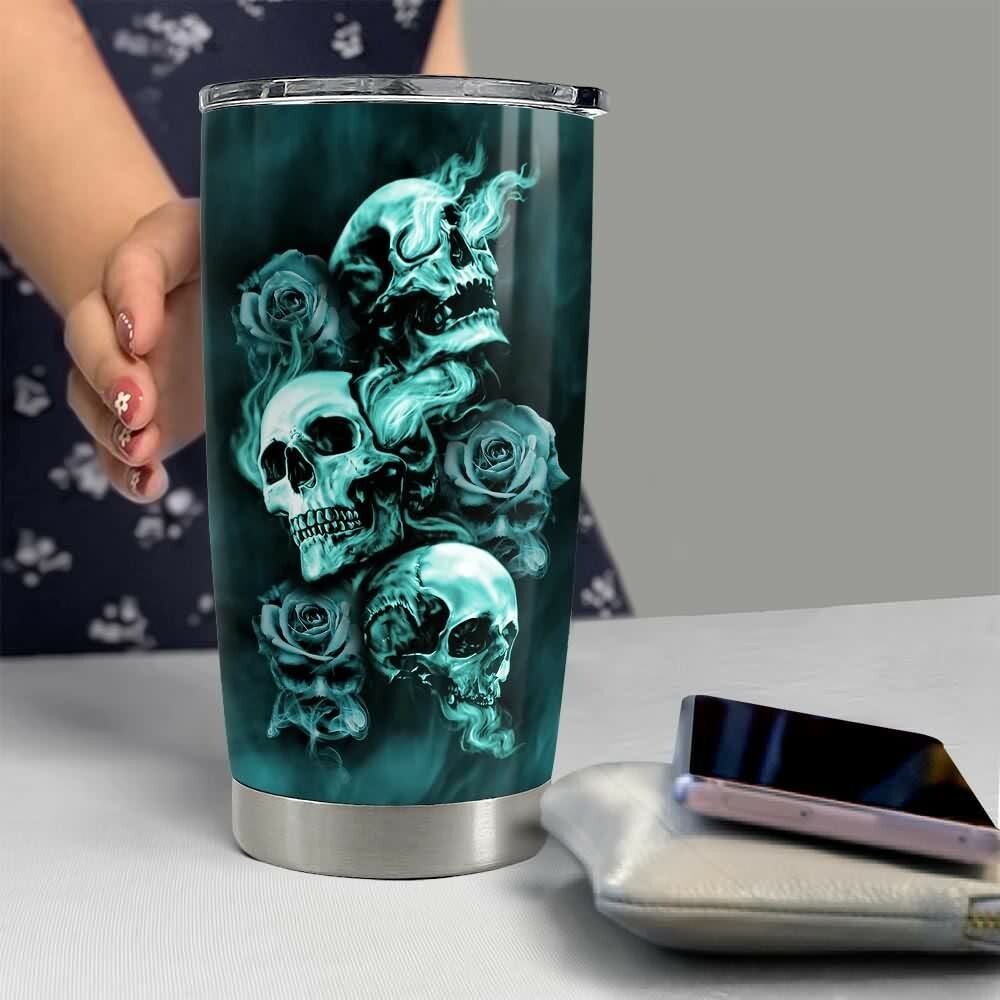 Turquoise Smoke Gothic Skull Rose Stainless Steel Tumbler - Y2K Grunge Retro 90s Fashion Accessory
