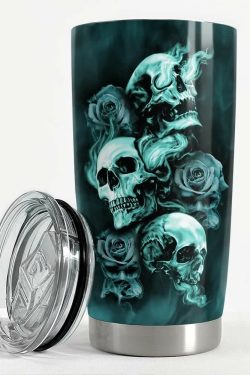 Turquoise Smoke Gothic Skull Rose Stainless Steel Tumbler - Y2K Grunge Retro 90s Fashion Accessory