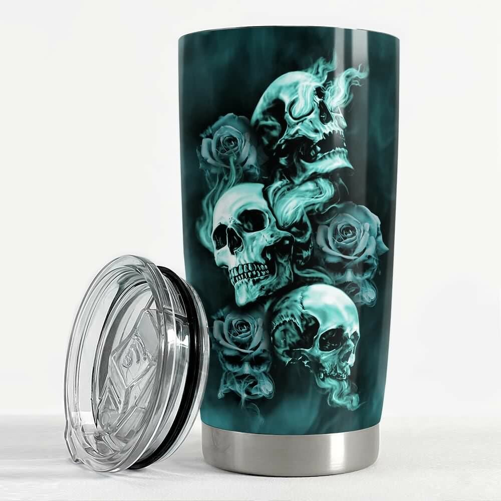 Turquoise Smoke Gothic Skull Rose Stainless Steel Tumbler - Y2K Grunge Retro 90s Fashion Accessory