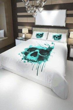 Turquoise Watercolor Skull Duvet Cover Set - Y2K Grunge, 90s Retro, Pastel Goth, Summer Y2K