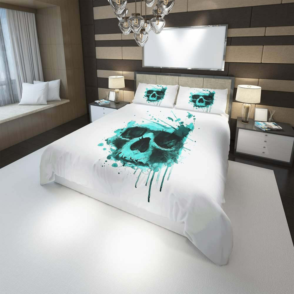 Turquoise Watercolor Skull Duvet Cover Set - Y2K Grunge, 90s Retro, Pastel Goth, Summer Y2K
