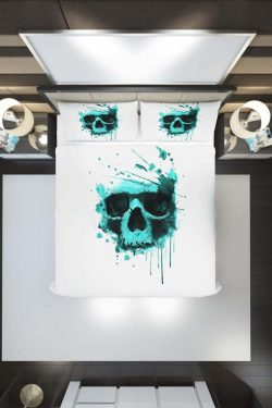 Turquoise Watercolor Skull Duvet Cover Set - Y2K Grunge, 90s Retro, Pastel Goth, Summer Y2K