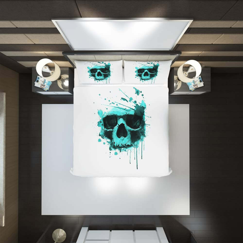 Turquoise Watercolor Skull Duvet Cover Set - Y2K Grunge, 90s Retro, Pastel Goth, Summer Y2K