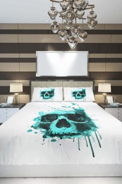 Turquoise Watercolor Skull Duvet Cover Set - Y2K Grunge, 90s Retro, Pastel Goth, Summer Y2K