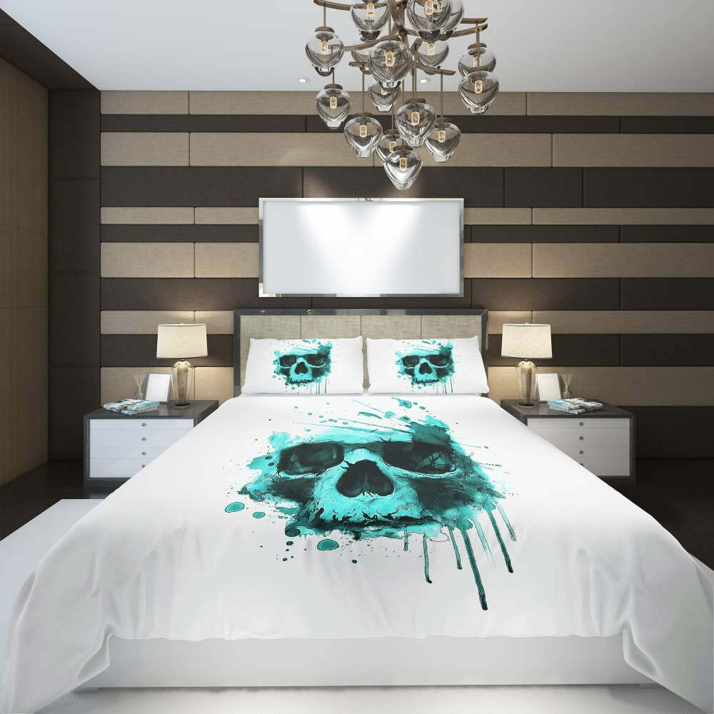 Turquoise Watercolor Skull Duvet Cover Set - Y2K Grunge, 90s Retro, Pastel Goth, Summer Y2K