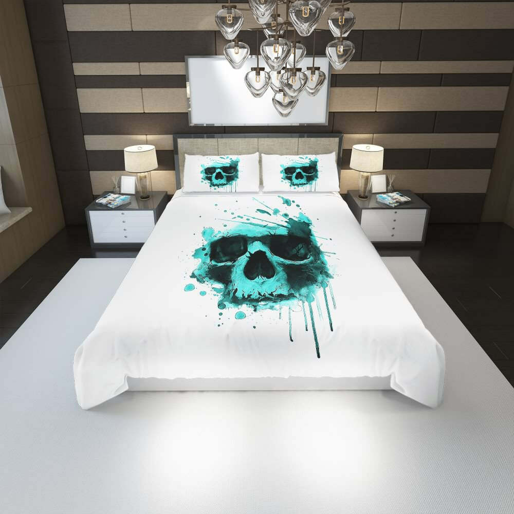 Turquoise Watercolor Skull Duvet Cover Set - Y2K Grunge, 90s Retro, Pastel Goth, Summer Y2K