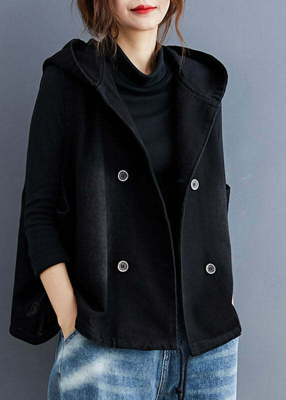 Unique Black Hooded Button Denim Trench Vest - Y2K Grunge, 90s Fashion, Retro Summer Outfit