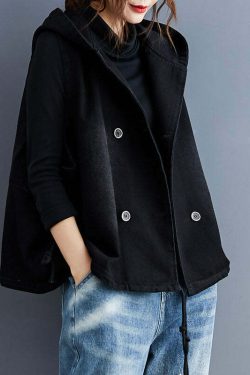Unique Black Hooded Button Denim Trench Vest - Y2K Grunge, 90s Fashion, Retro Summer Outfit