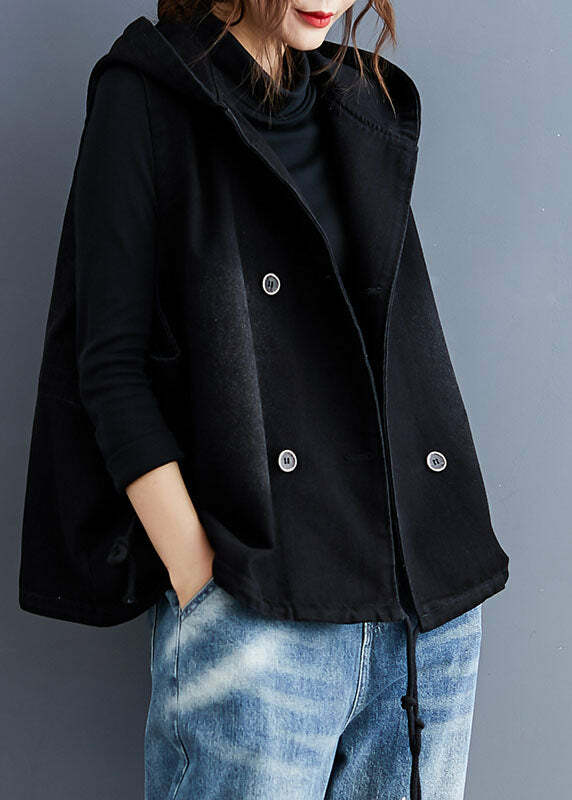 Unique Black Hooded Button Denim Trench Vest - Y2K Grunge, 90s Fashion, Retro Summer Outfit