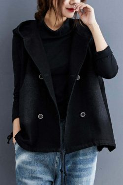 Unique Black Hooded Button Denim Trench Vest - Y2K Grunge, 90s Fashion, Retro Summer Outfit