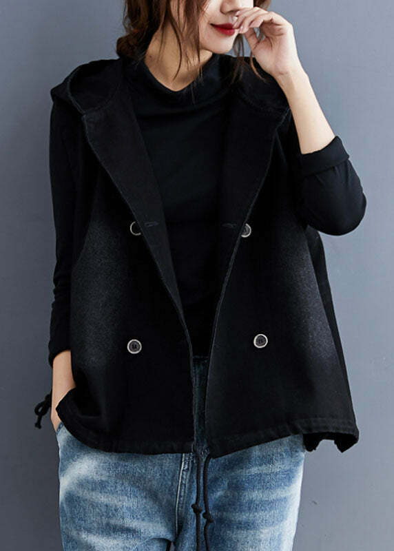 Unique Black Hooded Button Denim Trench Vest - Y2K Grunge, 90s Fashion, Retro Summer Outfit