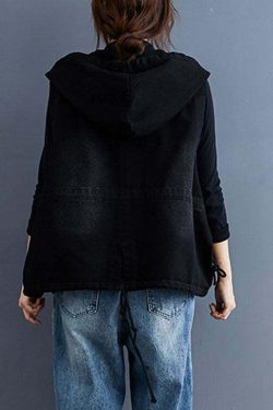 Unique Black Hooded Button Denim Trench Vest - Y2K Grunge, 90s Fashion, Retro Summer Outfit