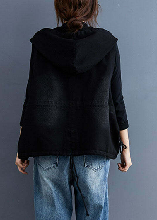 Unique Black Hooded Button Denim Trench Vest - Y2K Grunge, 90s Fashion, Retro Summer Outfit