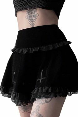 Velvet Cross Gothic Black Lace Skirt - Y2K Grunge, 90s Fashion, Retro Summer Outfit