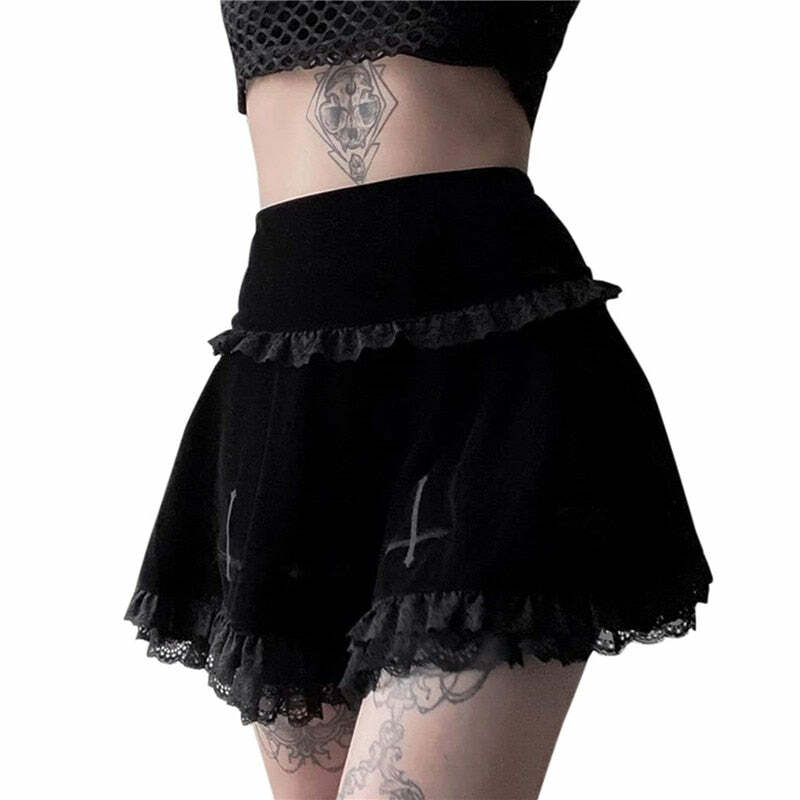Velvet Cross Gothic Black Lace Skirt - Y2K Grunge, 90s Fashion, Retro Summer Outfit