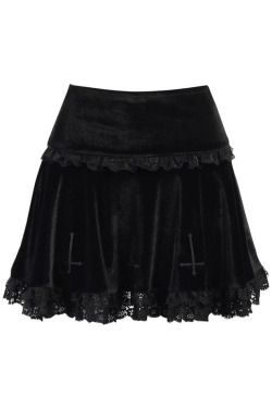 Velvet Cross Gothic Black Lace Skirt - Y2K Grunge, 90s Fashion, Retro Summer Outfit
