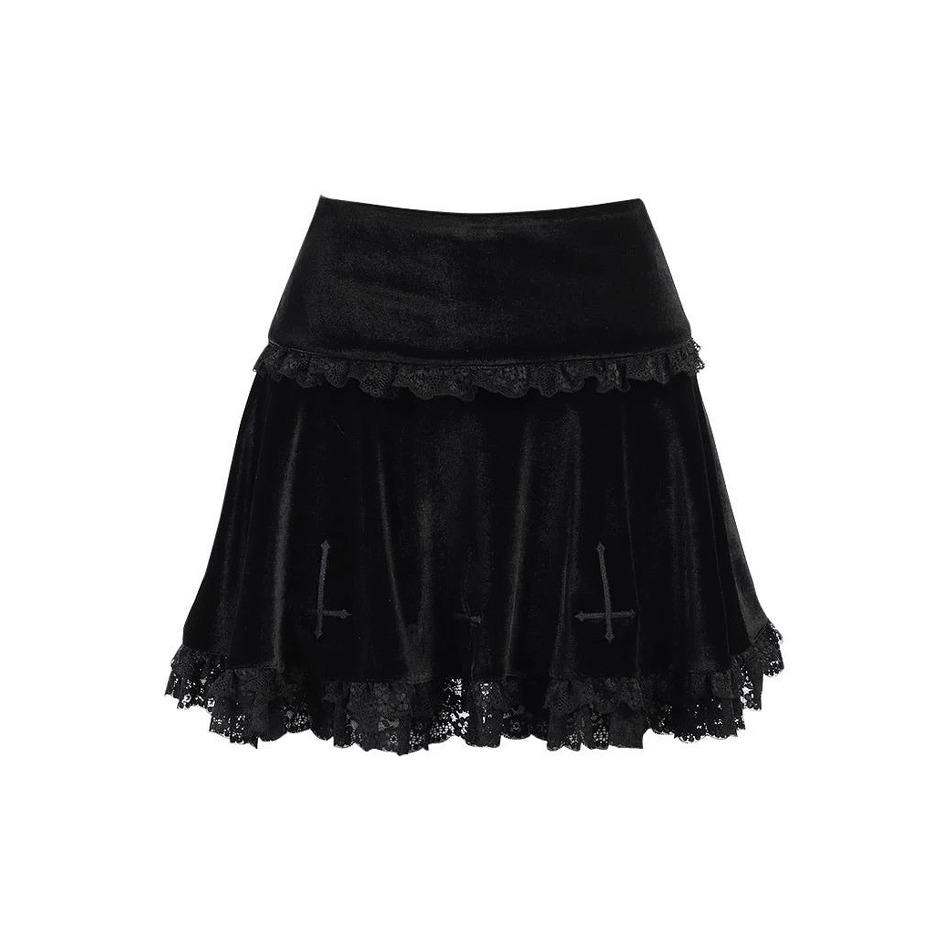 Velvet Cross Gothic Black Lace Skirt - Y2K Grunge, 90s Fashion, Retro Summer Outfit