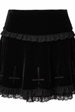 Velvet Cross Gothic Black Lace Skirt - Y2K Grunge, 90s Fashion, Retro Summer Outfit