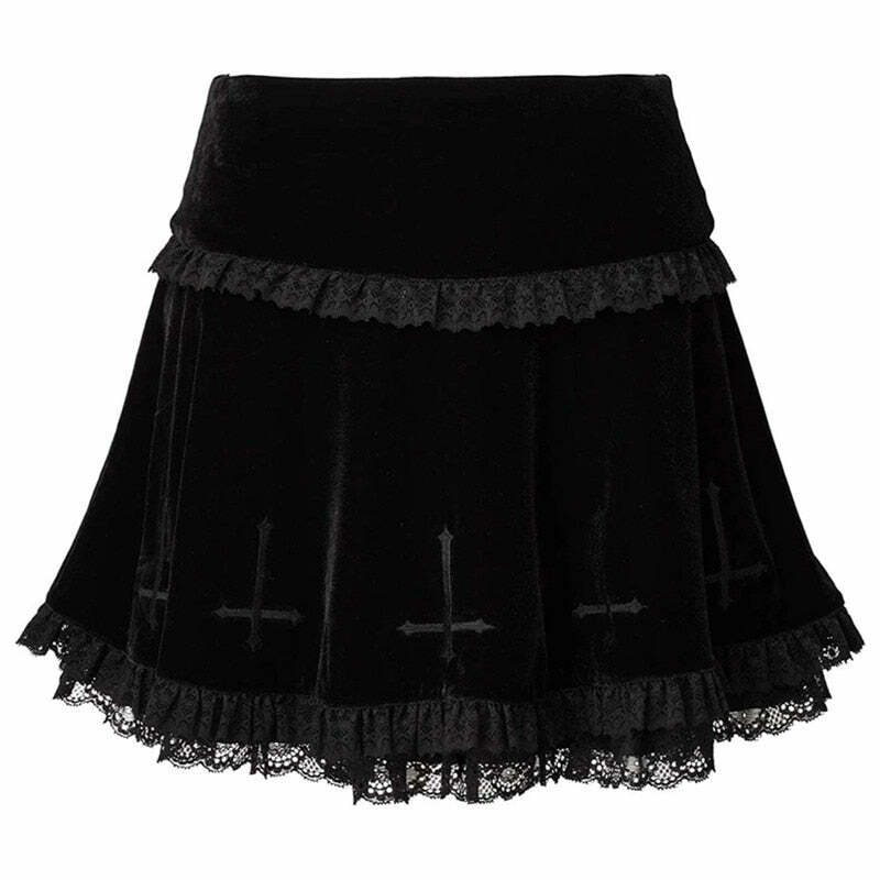 Velvet Cross Gothic Black Lace Skirt - Y2K Grunge, 90s Fashion, Retro Summer Outfit