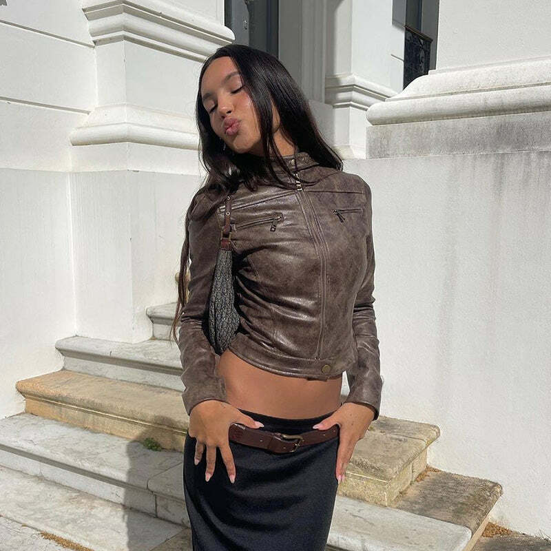 Vibha Leather Vintage Jacket - Y2K Grunge, 90s Fashion, Retro Style, Y2K Party & Club Outfits