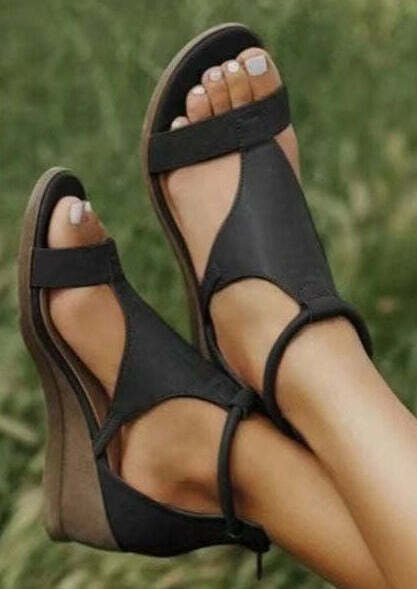 Vintage Black Peep Toe Zip Up Wedge Sandals - Y2K Grunge, 90s Fashion, Retro Summer Outfits