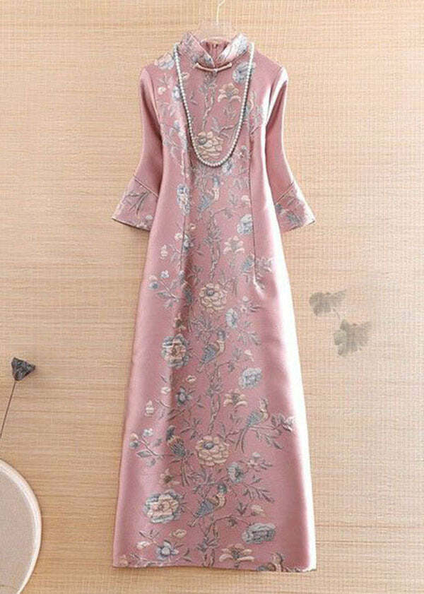 Vintage Blue Mandarin Collar Print Silk Cheongsam Dress - Y2K Summer, 90s Fashion, Grunge Outfits