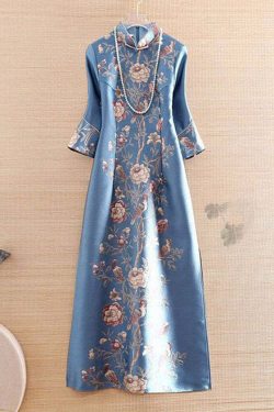 Vintage Blue Mandarin Collar Print Silk Cheongsam Dress - Y2K Summer, 90s Fashion, Grunge Outfits