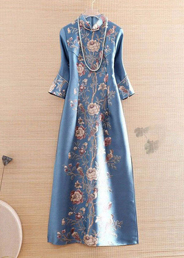 Vintage Blue Mandarin Collar Print Silk Cheongsam Dress - Y2K Summer, 90s Fashion, Grunge Outfits
