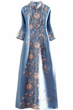 Vintage Blue Mandarin Collar Print Silk Cheongsam Dress - Y2K Summer, 90s Fashion, Grunge Outfits