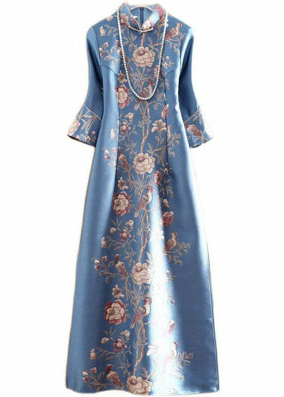 Vintage Blue Mandarin Collar Print Silk Cheongsam Dress - Y2K Summer, 90s Fashion, Grunge Outfits