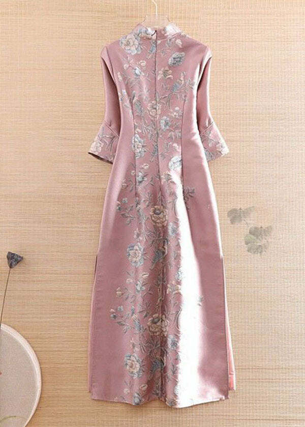 Vintage Blue Mandarin Collar Print Silk Cheongsam Dress - Y2K Summer, 90s Fashion, Grunge Outfits