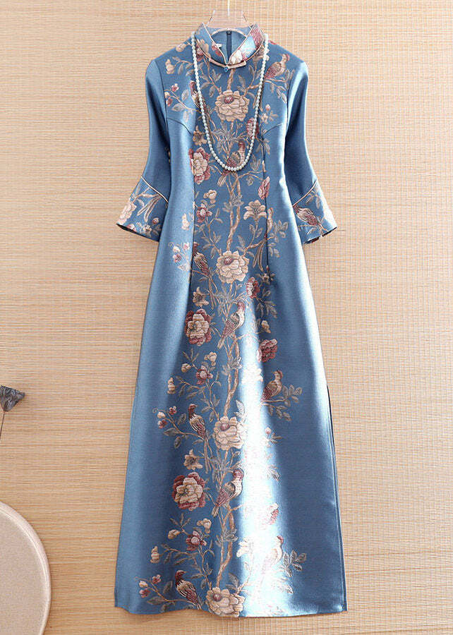 Vintage Blue Mandarin Collar Print Silk Cheongsam Dress - Y2K Summer, 90s Fashion, Grunge Outfits