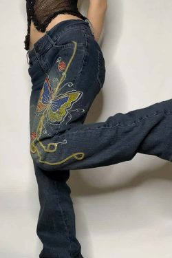Vintage Butterfly Embroidered Denim Jeans - Y2K Summer, 90s Grunge, Retro Hip Hop Fashion