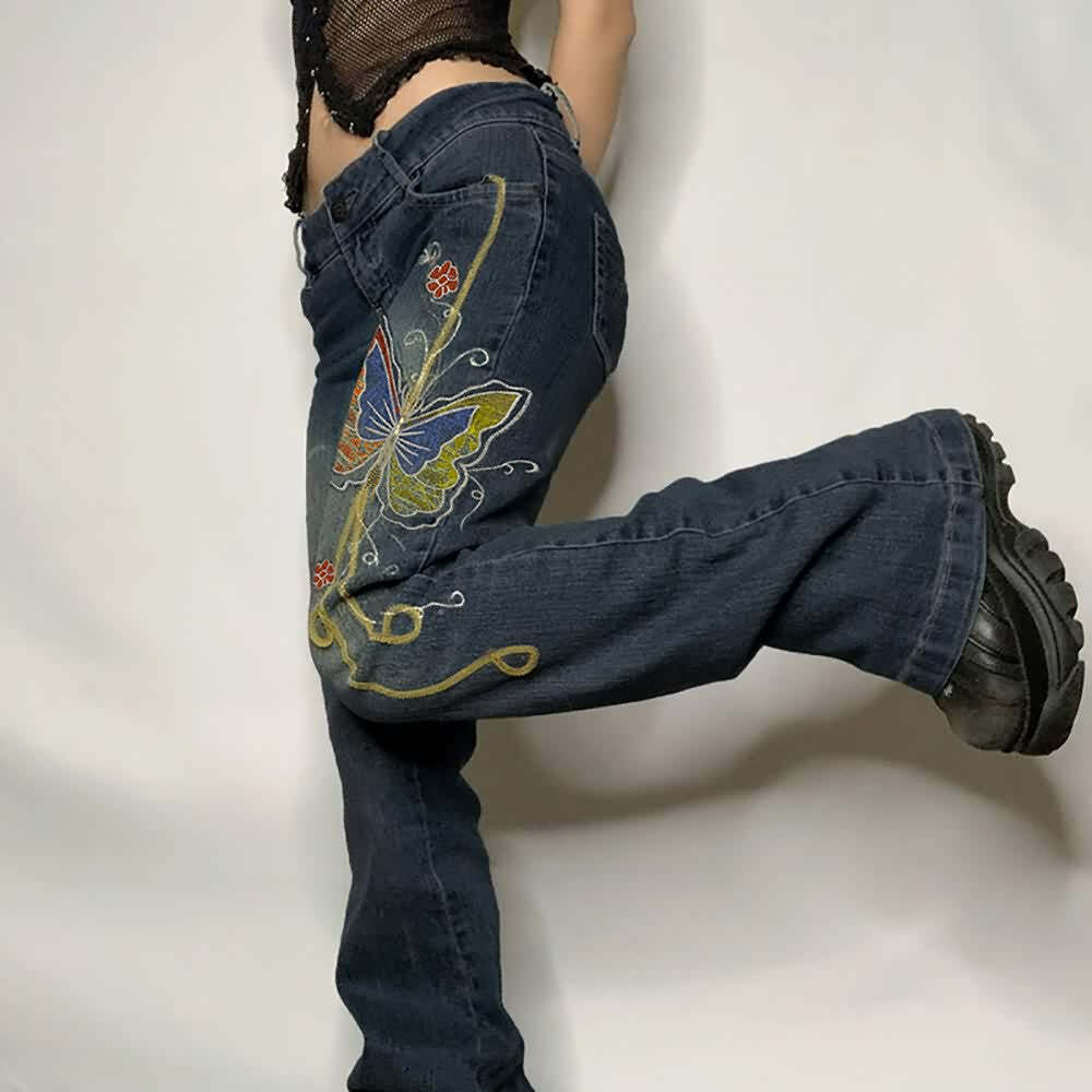 Vintage Butterfly Embroidered Denim Jeans - Y2K Summer, 90s Grunge, Retro Hip Hop Fashion