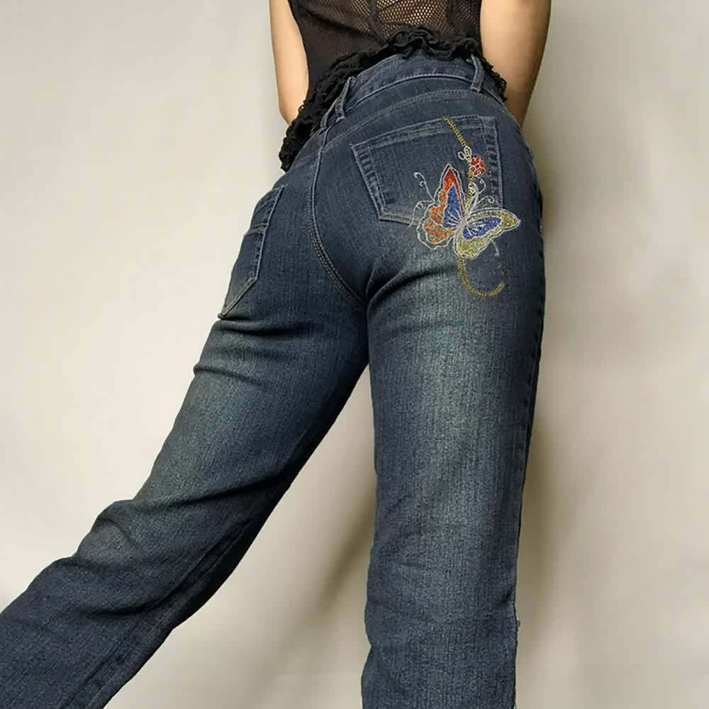 Vintage Butterfly Embroidered Denim Jeans - Y2K Summer, 90s Grunge, Retro Hip Hop Fashion