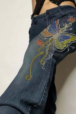 Vintage Butterfly Embroidered Denim Jeans - Y2K Summer, 90s Grunge, Retro Hip Hop Fashion