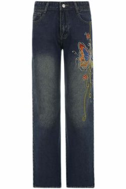 Vintage Butterfly Embroidered Denim Jeans - Y2K Summer, 90s Grunge, Retro Hip Hop Fashion