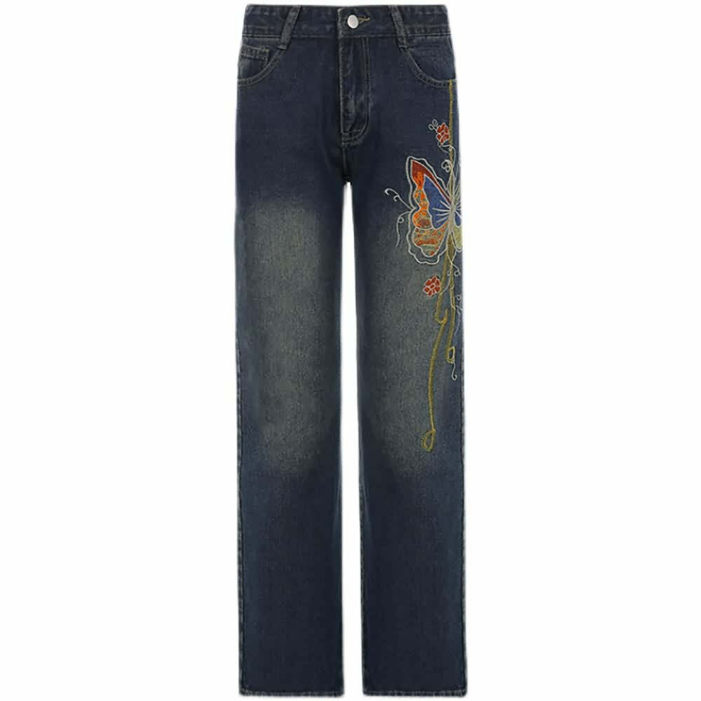 Vintage Butterfly Embroidered Denim Jeans - Y2K Summer, 90s Grunge, Retro Hip Hop Fashion