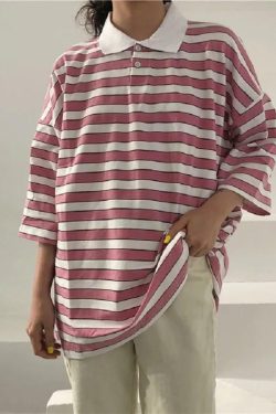 Vintage Collar Striped Shirt - Y2K Summer, 90s Fashion, Grunge, Retro, Y2K Party & Club Outfits