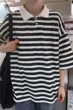 Vintage Collar Striped Shirt - Y2K Summer, 90s Fashion, Grunge, Retro, Y2K Party & Club Outfits
