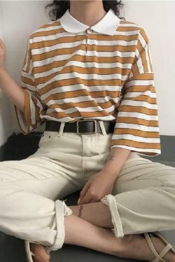 Vintage Collar Striped Shirt - Y2K Summer, 90s Fashion, Grunge, Retro, Y2K Party & Club Outfits