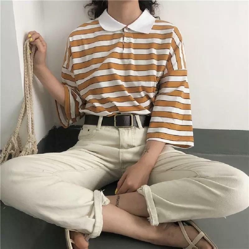 Vintage Collar Striped Shirt - Y2K Summer, 90s Fashion, Grunge, Retro, Y2K Party & Club Outfits