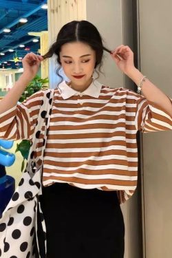 Vintage Collar Striped Shirt - Y2K Summer, 90s Fashion, Grunge, Retro, Y2K Party & Club Outfits
