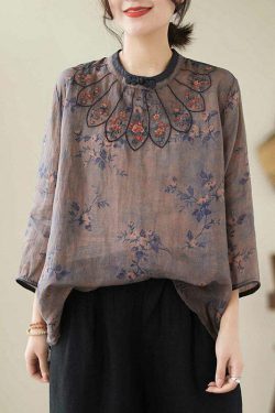 Vintage Dark Purple Embroidered Linen Top - Y2K Summer, 90s Grunge, Retro Goth Fashion