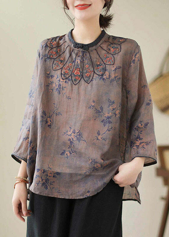 Vintage Dark Purple Embroidered Linen Top - Y2K Summer, 90s Grunge, Retro Goth Fashion